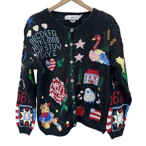 VTG The Eagles Eye Womens Size L Hand Knit Cardigan Sweater Black Bear Rose Flag